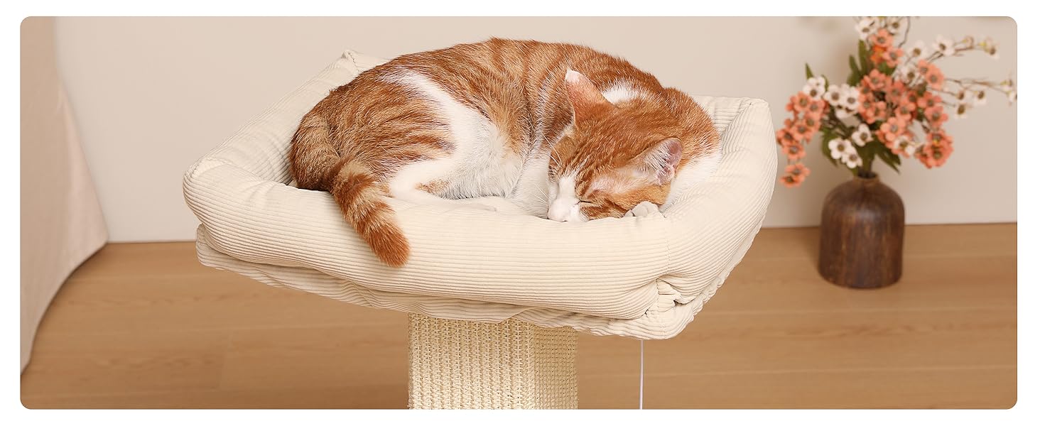 Котячий будиночок FUKUMARU з подряпуванням, 73 см, бежевий. Високий кігтетопор з платформою 46x36 см, з місцем для відпочинку, з натурального сизалю та масивного дерева.