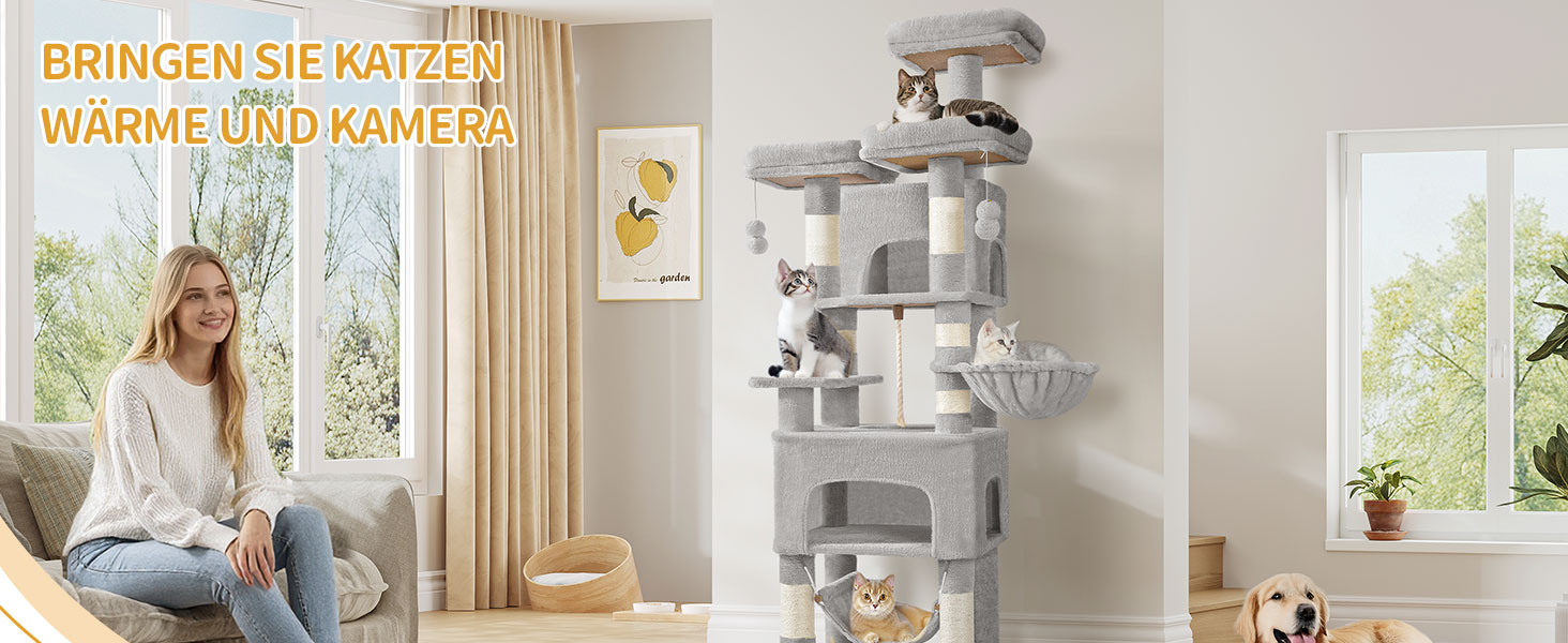 Кігтеточка для котів Hzuaneri, 176 см, XL, 3 платформи, 2 печери, 7 стовпчиків, гамак, плюшеві кульки, для багатокотових сімей, MS17618SG (Світло-сірий)