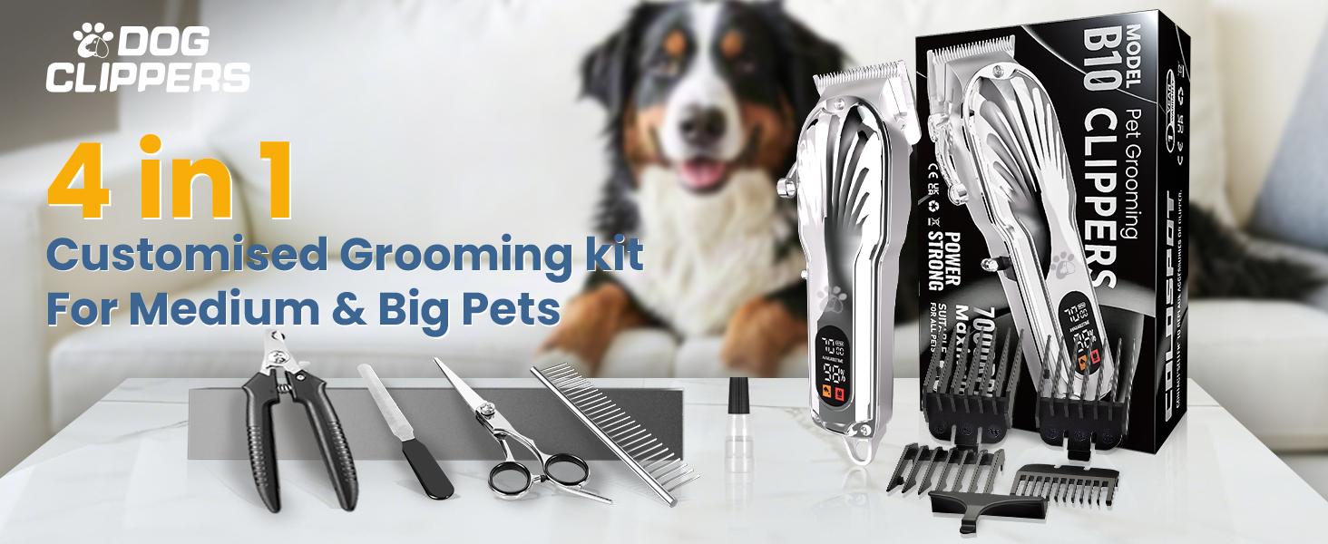 Професійна машинка для стрижки собак з товстим хутром, бездротова з LED-дисплеєм, тиха, акумуляторна, триммер для собак з набором для догляду за кігтями (срібна)