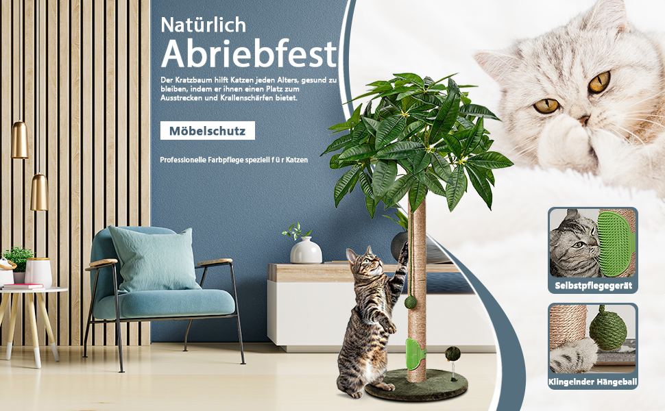 Котяча кігтеточка Meowoou з м'ячиком та стовпчиком 89 см з сизалевого мотузка, кігтешкребок для котів будь-якого віку (Fortune Tree)