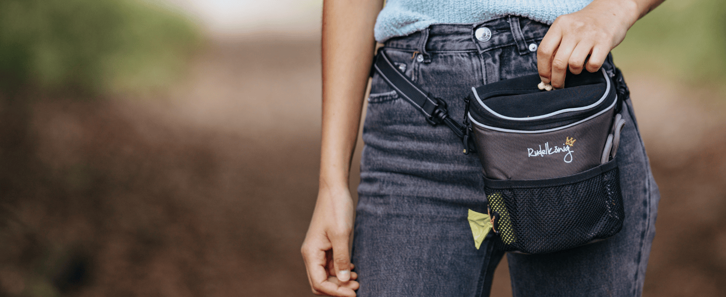 Сумка для ласощів для собак Rudelkönig - Практична сумка для прогулянок з собакою, для дресирування - Фурнітурний мішечок для собак з дозатором кульок для прибирання, на плече, Базовий сірий