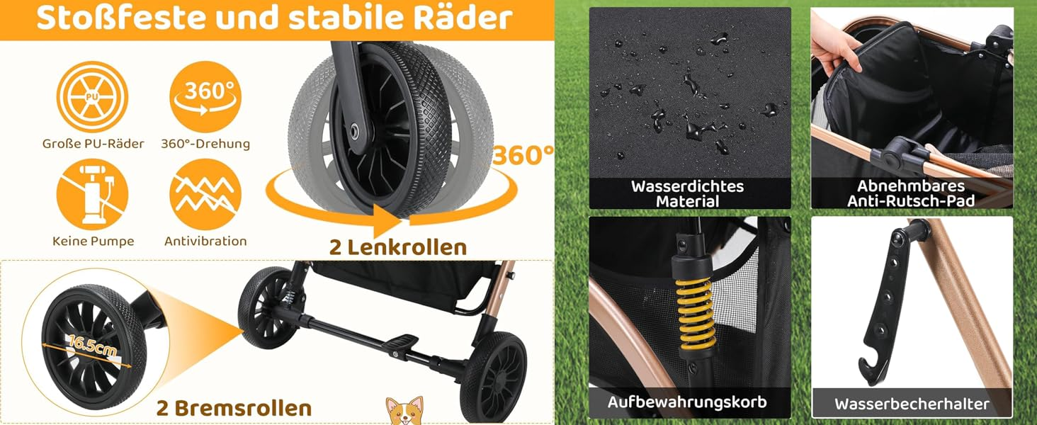 Візок для собак Mamizо 4 в 1, чорний, для 2 тварин до 15 кг, з переносною сумкою та колесами PU