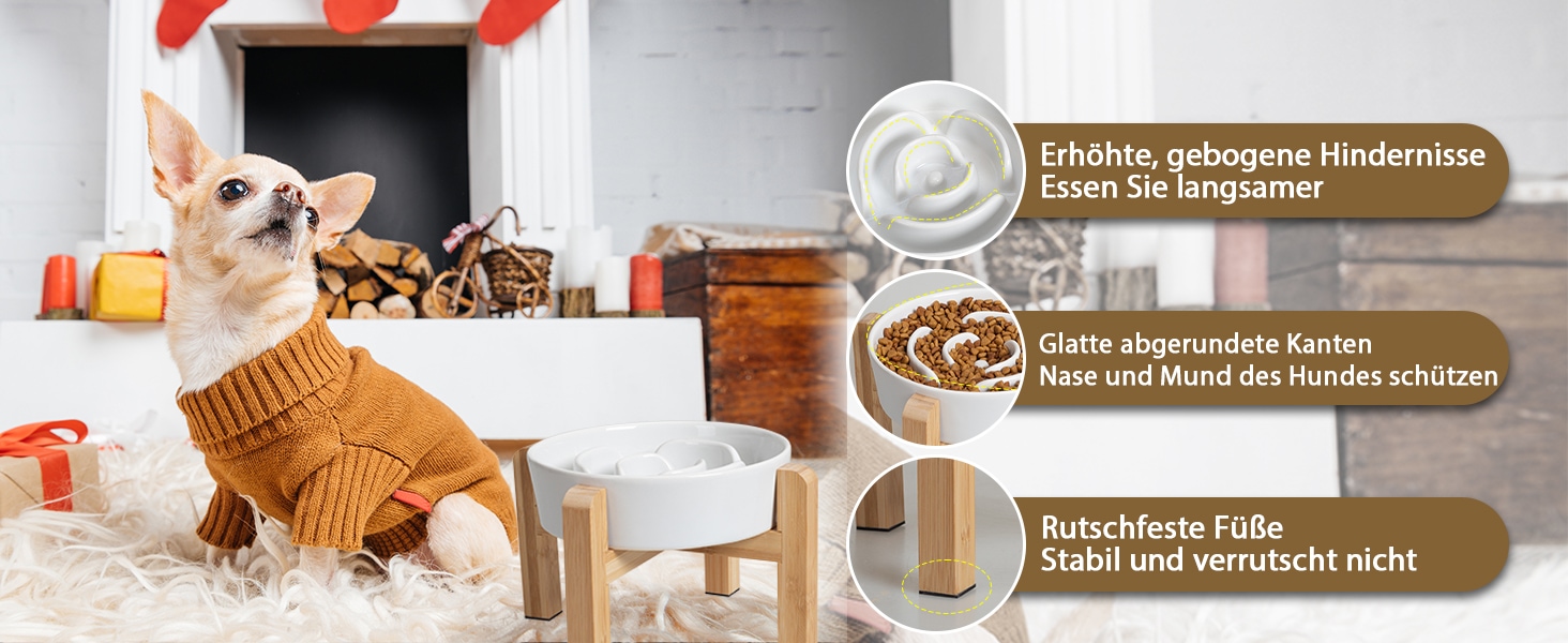 Миска для собак антиблік з кераміки, піднята - миска для собак на бамбуковому антиковзному підставці, миска для повільного годування, для собак маленьких та середніх порід, біла, діаметр 17 см, 1.25 CUP