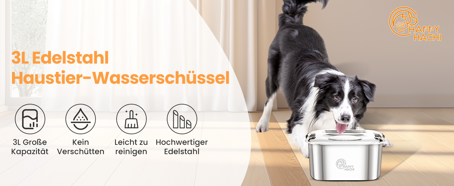 Миска для води для собак Happy Hachi 3L, не протікає, з нержавіючої сталі, анти-сальність, протиковзна, для дому