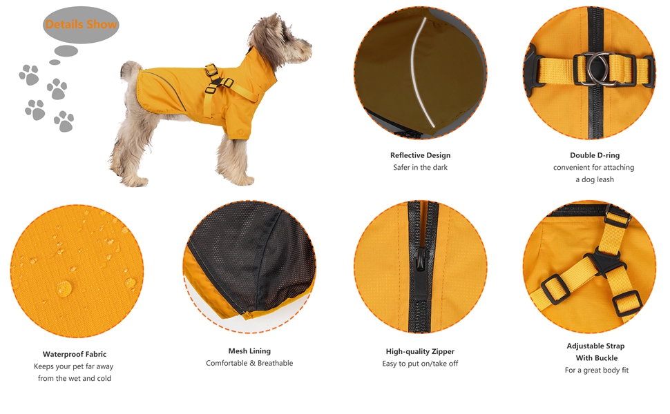 Водонепроникний дощовик для собак з блискавкою, світловідбиваюча куртка для цуценят, дощовик з отвором для шлейки, жовтий, розмір M