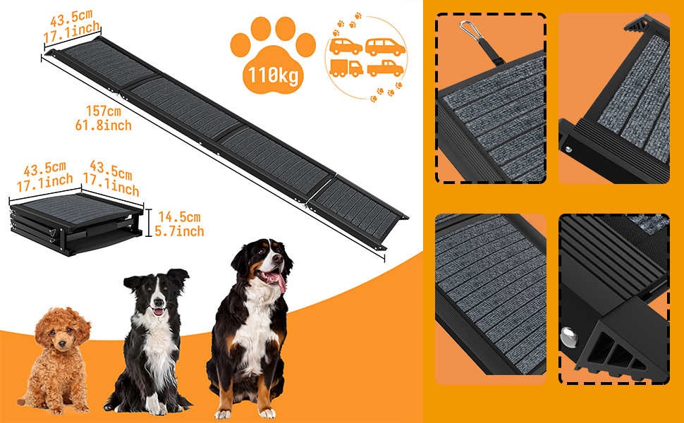 Рампа для собак у автомобіль Aufun, 157x44 см, складна, з антиковзким покриттям, для великих та середніх собак до 110 кг