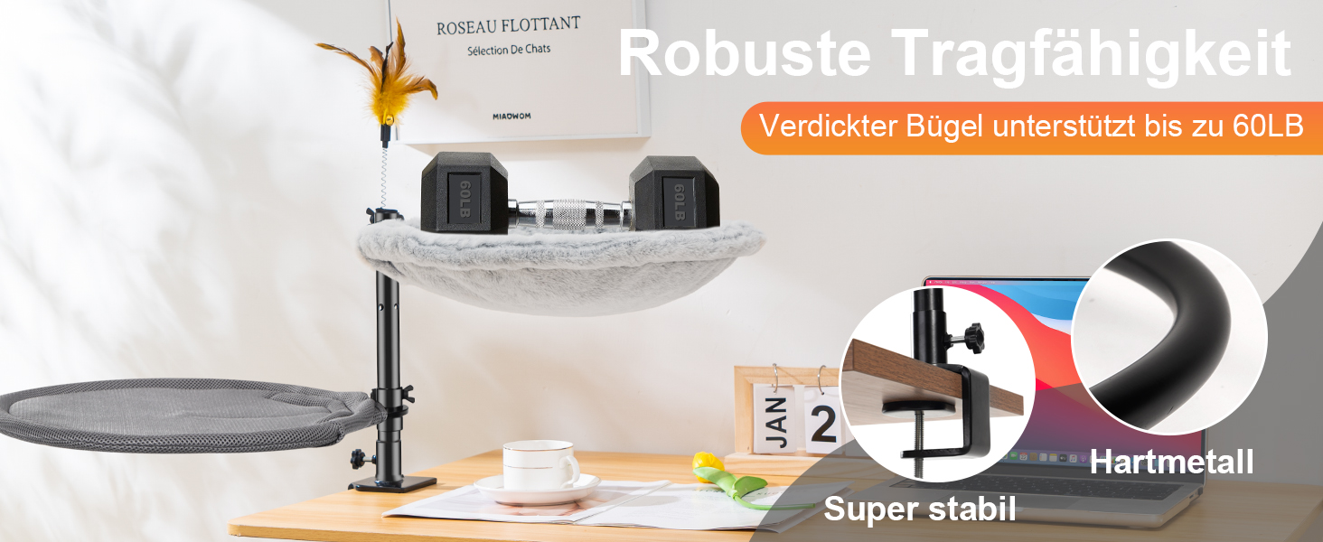 Крісло-лежанка для кота Uross на стіл - 360° обертання та регулювання висоти, м'яка гамачок для котів з 2 знімними чохлами, місце для сну для дому/офісу - для цілорічного використання (двошарове, сіре)