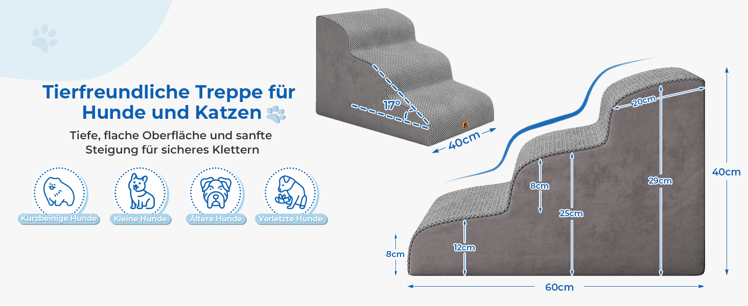 Сходинки для собак та котів, 3 сходинки, 40 см, сірі. Зручні для літніх тварин, миються, не слизькі. Для дому, до ліжка, дивану.