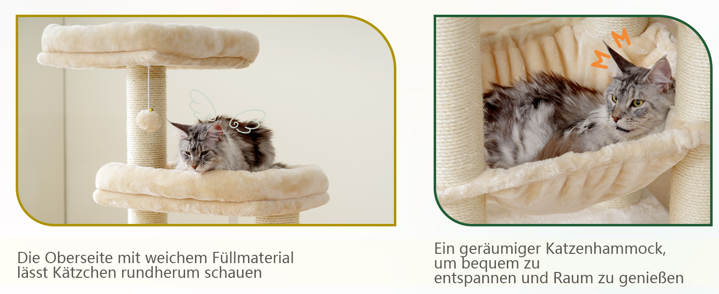 Великий котячий комплекс Hey-brother XXL для мейн-кунів, 168 см, з гамаком, сизалевими стовпами (φ11 см), кігтеточками, 2 платформами, будиночком, корзиною, бежевий EMPJ01M