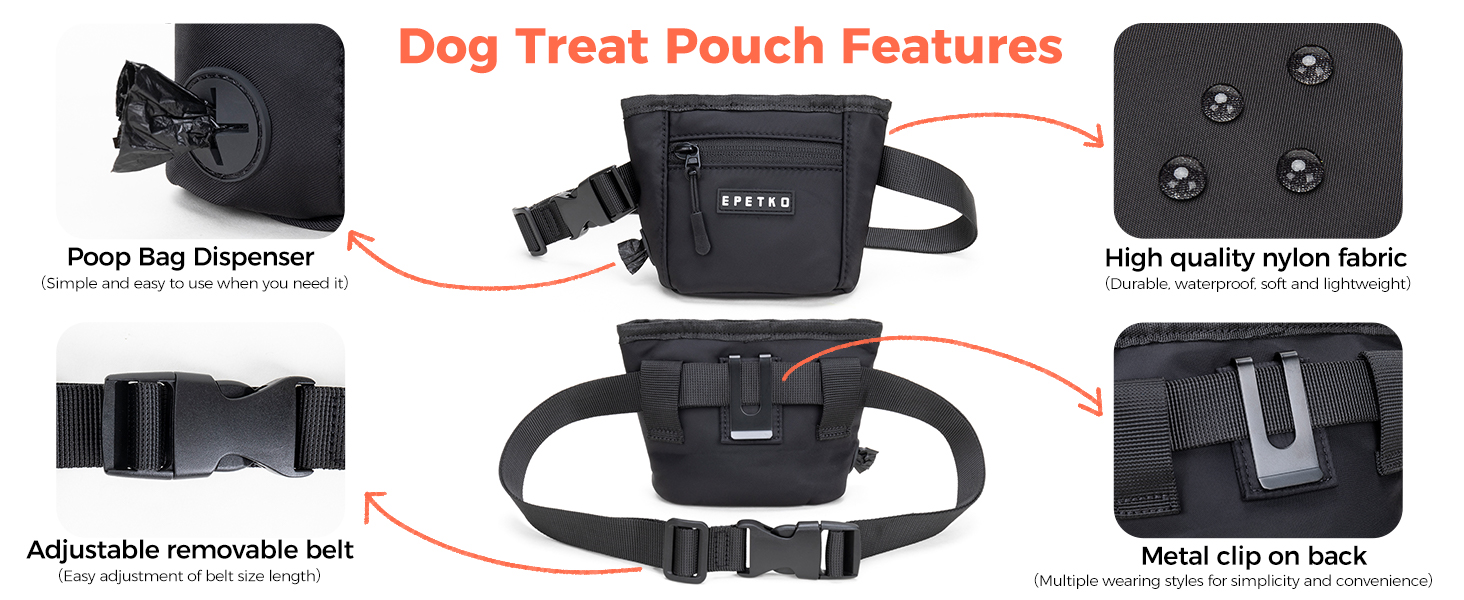 Сумка для ласощів для собак з металевим кліпом на пояс, міцна застібка-магніт, велика місткість, диспенсер для пакетів для вигулу (Помаранчевий)
