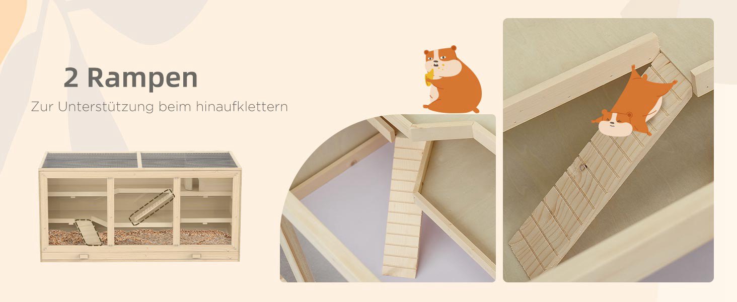 Клітка для тварин PawHut, клітка для гризунів з рампою та гойданням, верхня кришка відкривається, знімна піддон, дерево сосна та PS пластик, 115 x 60 x 55 см