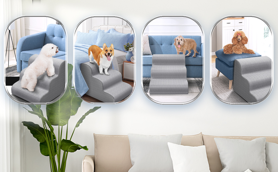 Сходинки для собак Gimars: широкі, міцні, з антиковзким покриттям, для малих та середніх собак, 4 сходинки, сірий колір, знімний чохол