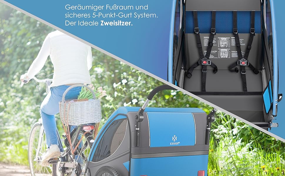 Дитячий причіп KESSER® 2в1 для велосипеда з поворотним з'єднанням 360° та амортизацією. Підходить для 1-2 дітей (до 40 кг). В комплекті прапор.