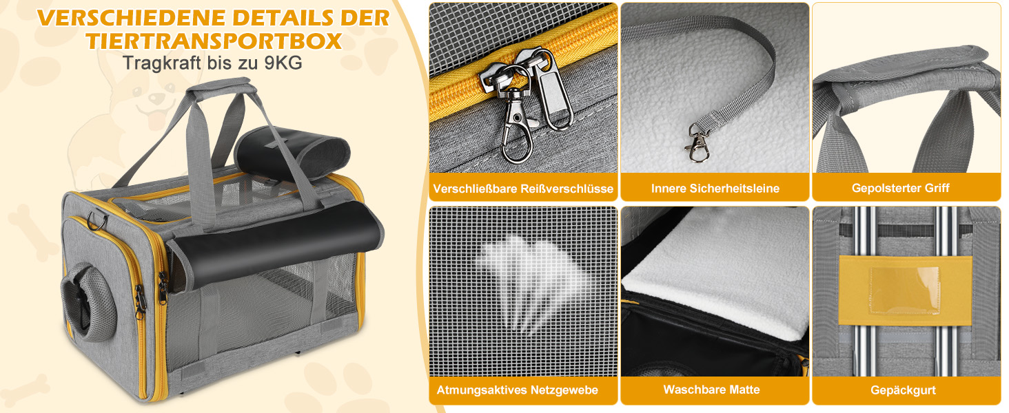 Транспортна переноска Pawinner для котів та собак, 45x33x33 см, з візком для авто та літака, складана, дихаюча, до 9 кг (Сірий, Світло-жовтий)