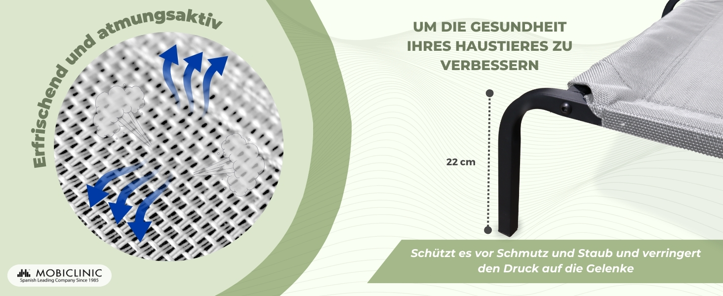 Mobiclinic® Cleo: Підвищене собаче ліжко, сіре, 122x71x21 см. Ізольоване, для внутрішнього та зовнішнього використання, міцне, легко миється, без інструментів, до 60 кг