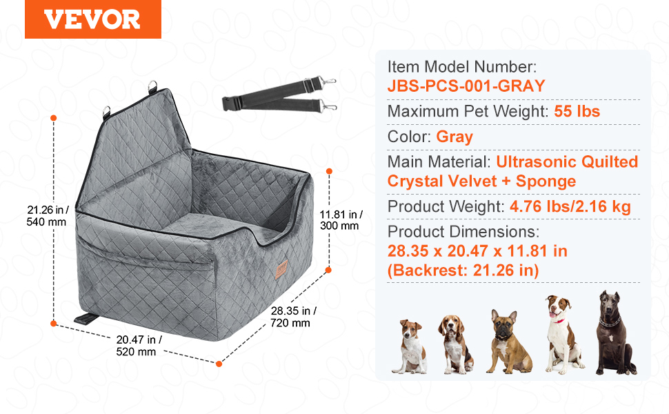Автокрісло для собак VEVOR - підйомник для собак у машину з кишеню, безпечна прив'язка, гумова наповнювач, ліжко для собак середніх та великих порід (до 25 кг)