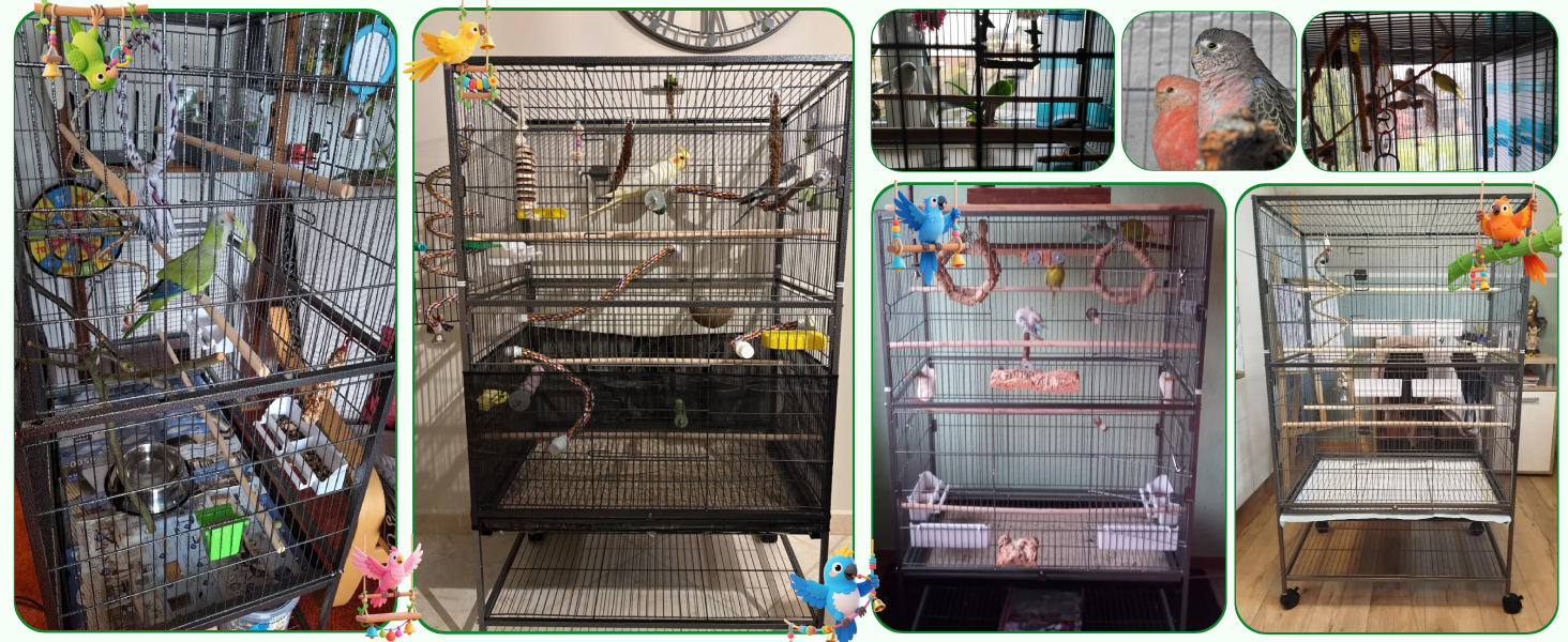 Клітка для птахів велика, металева, на 4 колесах, для хвилястих попугаїв з годівницею, іграшками, гойдалкою, 2 дверцятами, 4 дерев'яними перекладинами, 132 x 78 x 52 см