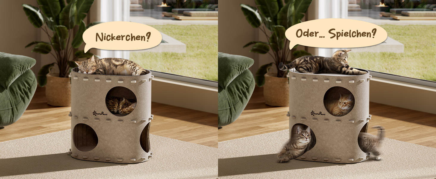 Будиночок-печеринка для котів DownyPaws з фетру, 2-ярусне ліжко для котів, 50 x 33 x 50 см, затишний дизайн, захист кігтів, бежевий