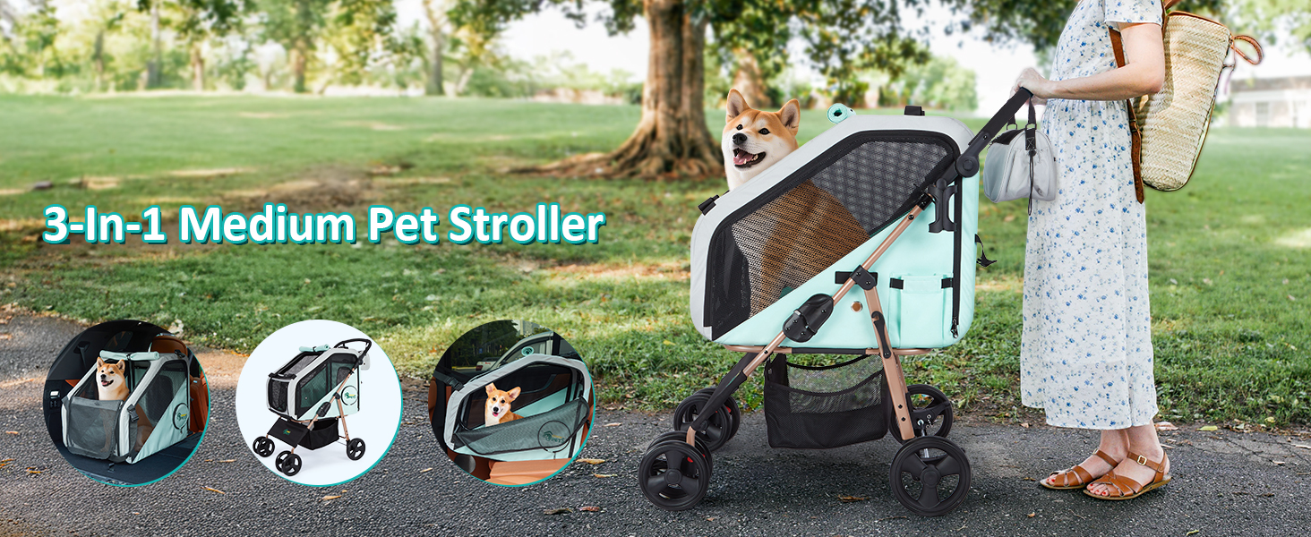 Візок для собак Ownpets - 3в1, для собак середніх порід (до 30 кг), блакитний, з автотранспортною коробкою, поворотні колеса та амортизація