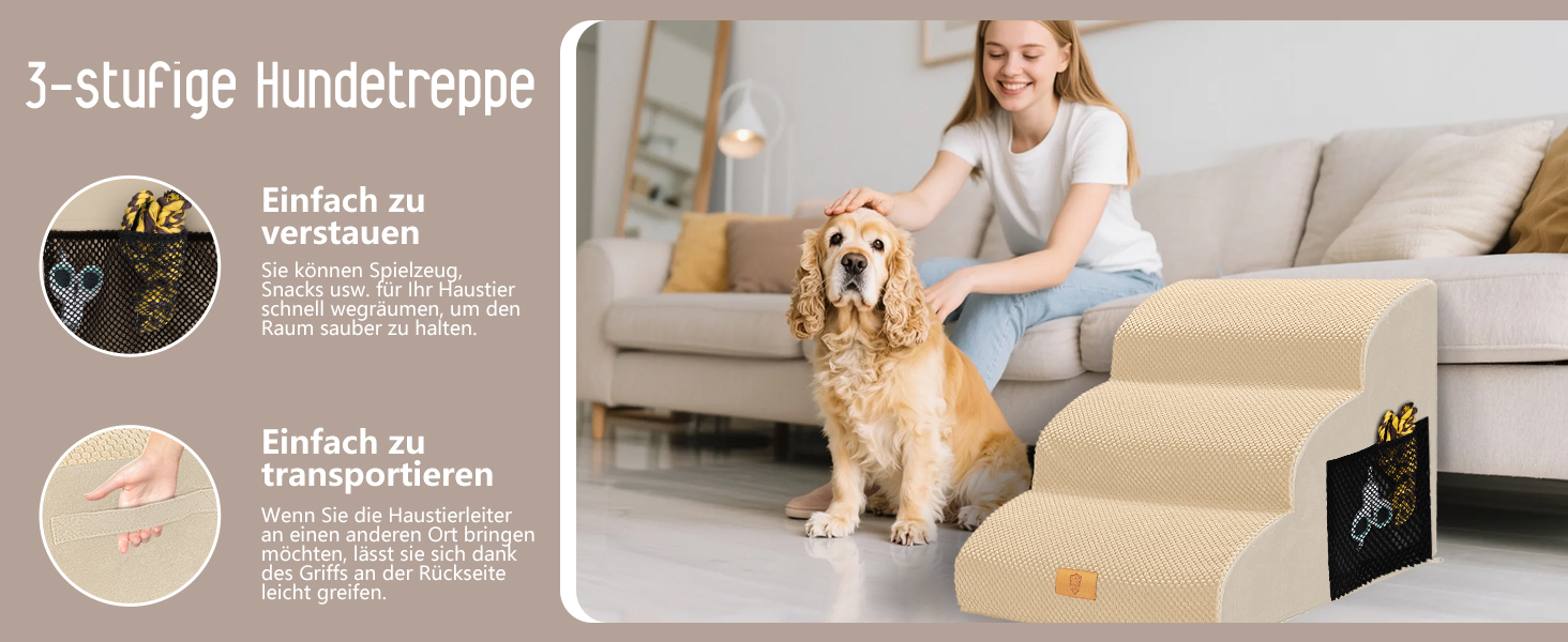 Сходинки для собак, 4 сходинки, знімний поручень, неслизьке покриття, для ліжка та дивану, з високощільним губчастим наповнювачем (3 сходинки, бежевий)