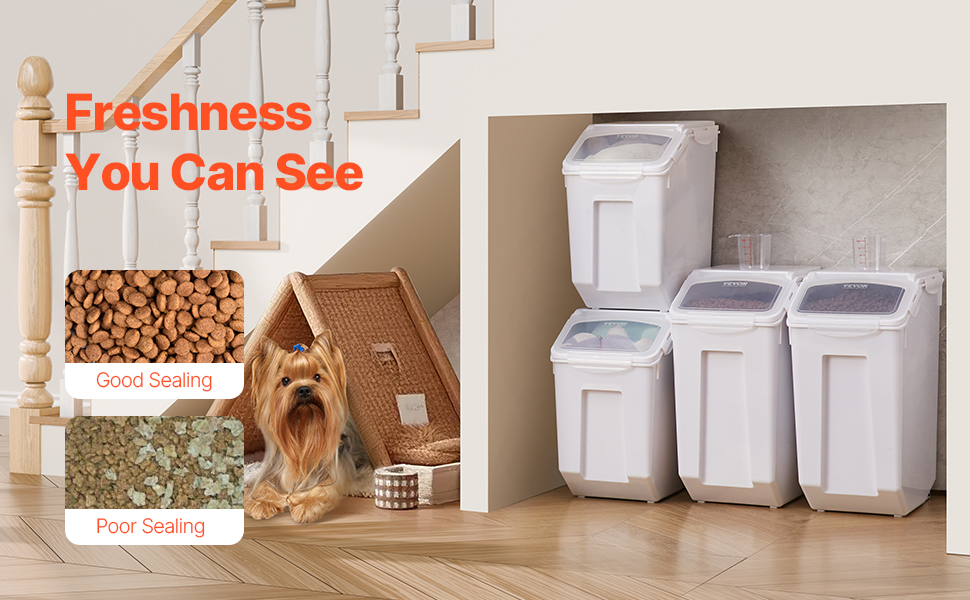 Набір контейнерів для зберігання VEVOR: 4 шт. (2 x 15 л / 2 x 20 л) з колесами, мірним стаканчиком та герметичними кришками. Підходять для кормів для тварин, круп, мюслі та кухонних інгредієнтів.