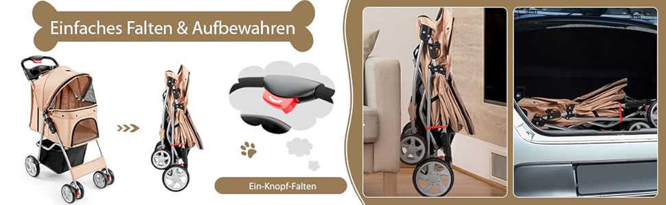 Візок для собак та котів COSTWAY, до 15 кг, з сітчастими віконцями, тримачем для напоїв, кошиком та сонцезахистом, складний, бежевий