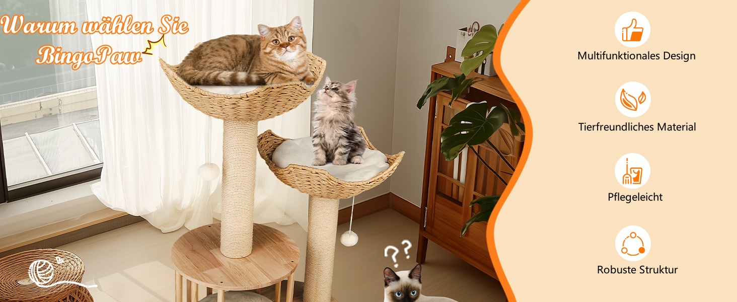 Дерев'яний кігтеточка для котів BingoPaw: сучасний комплекс 99 см з будиночком, м'ячиком та сизалевою колоною. Підходить для котів будь-якого віку.