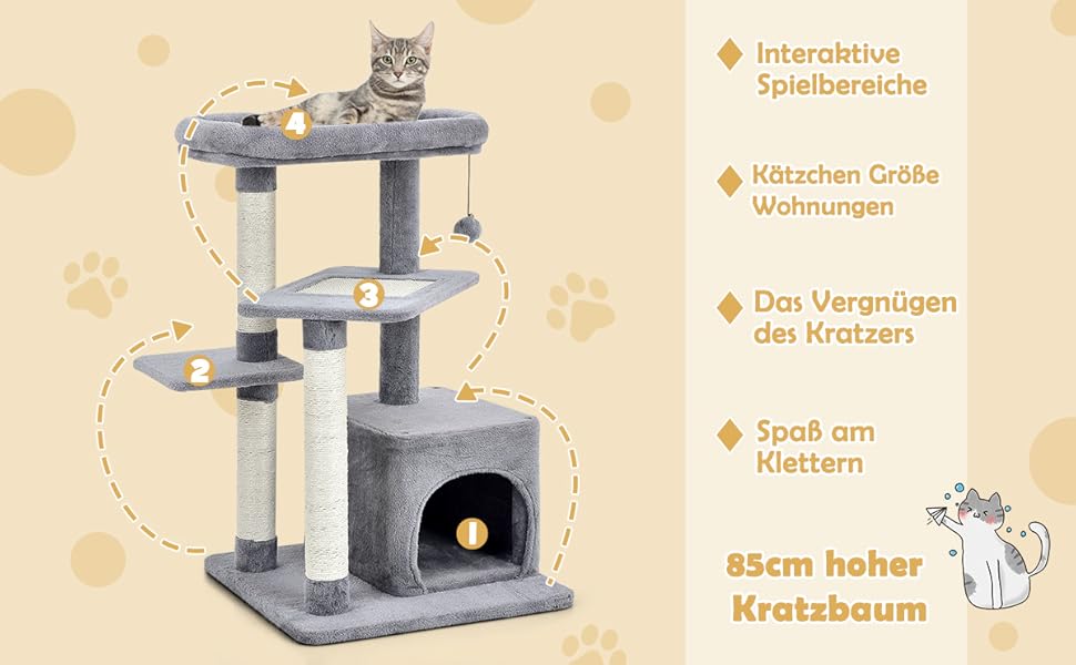 Дряпак для котів COSTWAY, 85 см, з будиночком, м'яким сидінням, м'ячиком та сизалевими стовпчиками, сірий