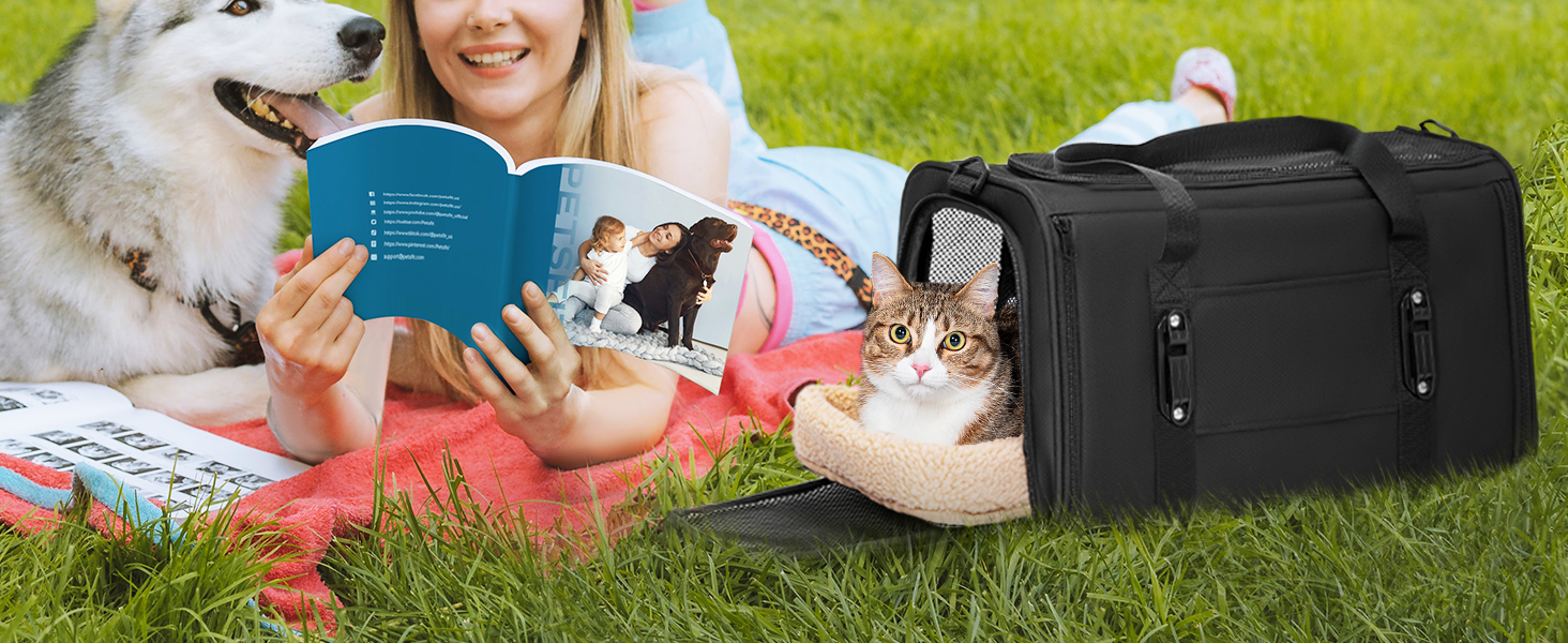 Переноска для кота та собаки Petsfit - чорна, розмір M (45.5 x 28 x 28 см) з м'яким килимком
