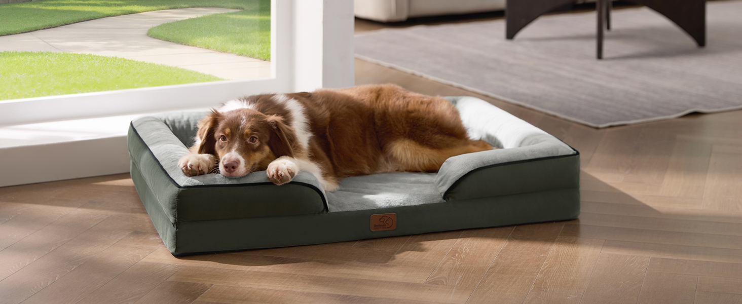 Ортопедичне ліжко для собак BEDSURE - 106x80 см. Зручне ліжко-софа для великих собак з м'яким пінопластом, миється, не слизьке, колір: зелений, розмір: 106 x 80 x 17 см