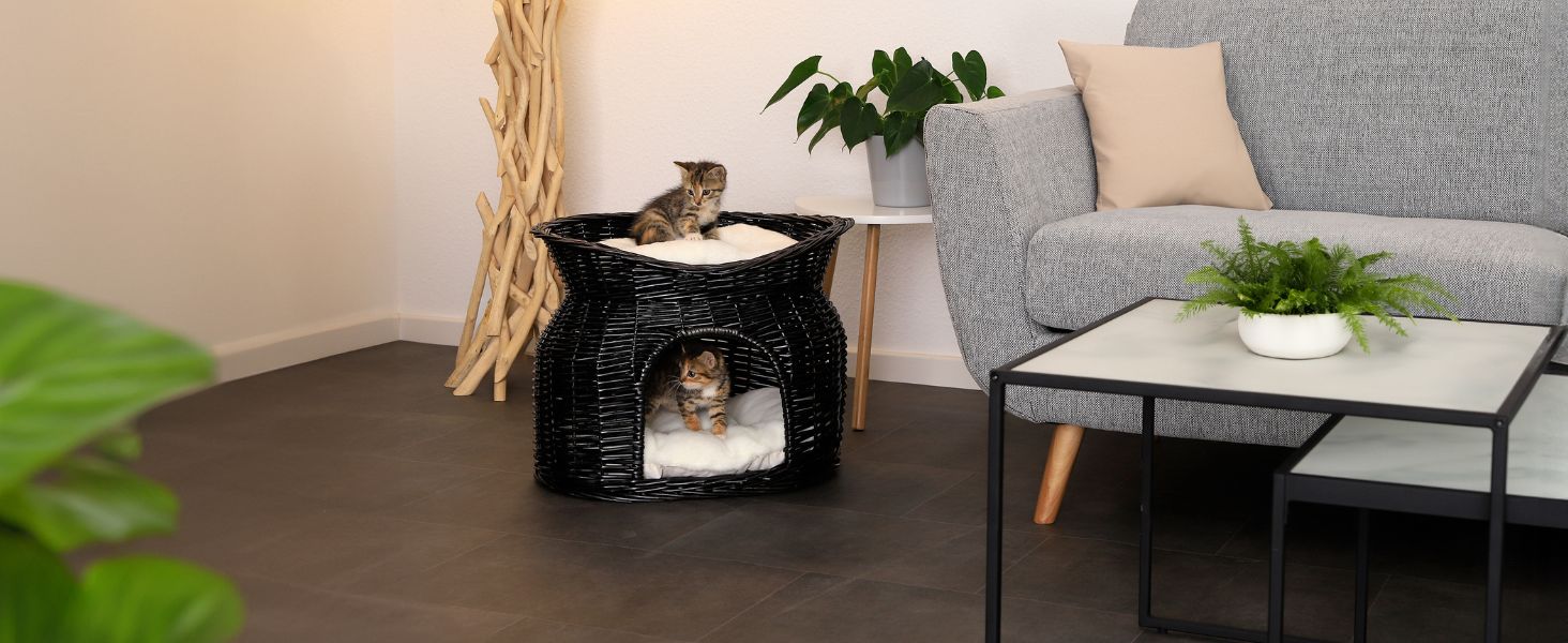 Плетений кошик для котів і маленьких собак з 2 м'якими подушками, 55x39x43 см, екологічний кошик із лози, сучасний котячий будиночок з білими подушками, сірий