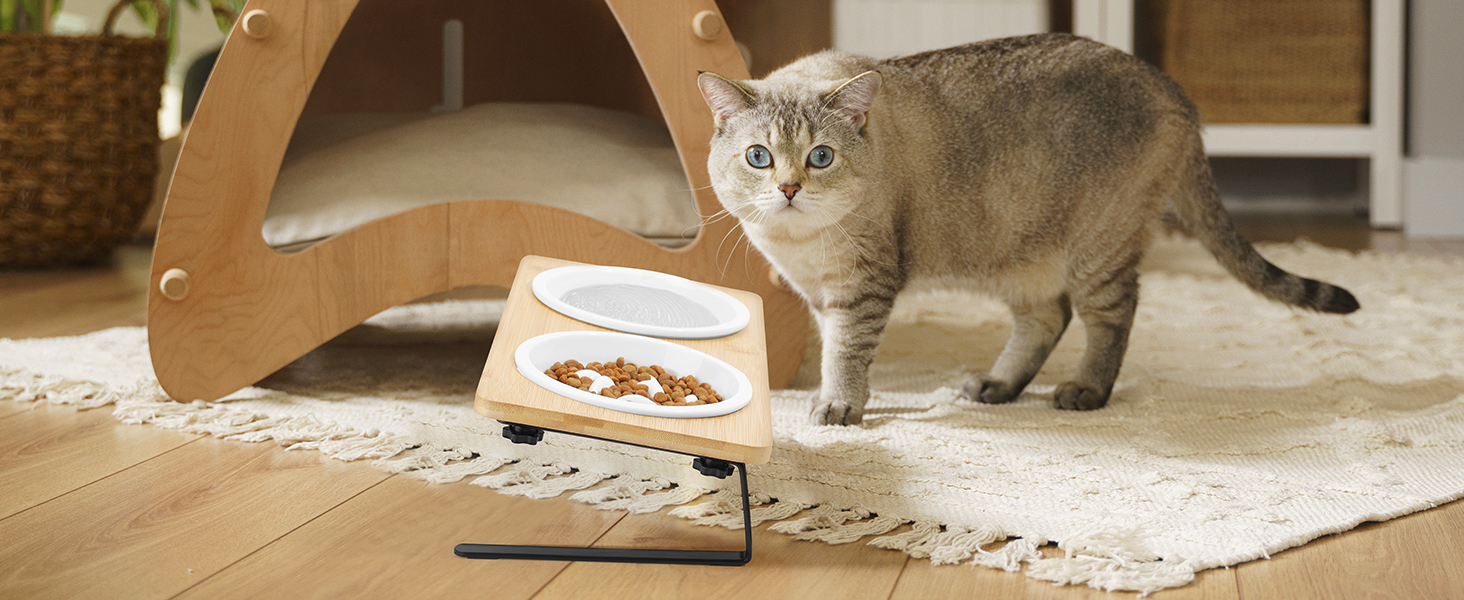 Набір мисок для котів PETTOM Anti-Schling з кераміки: піднята миска з нахилом 15°, бамбукова підставка, протиковзаюча, для вологого та сухого корму