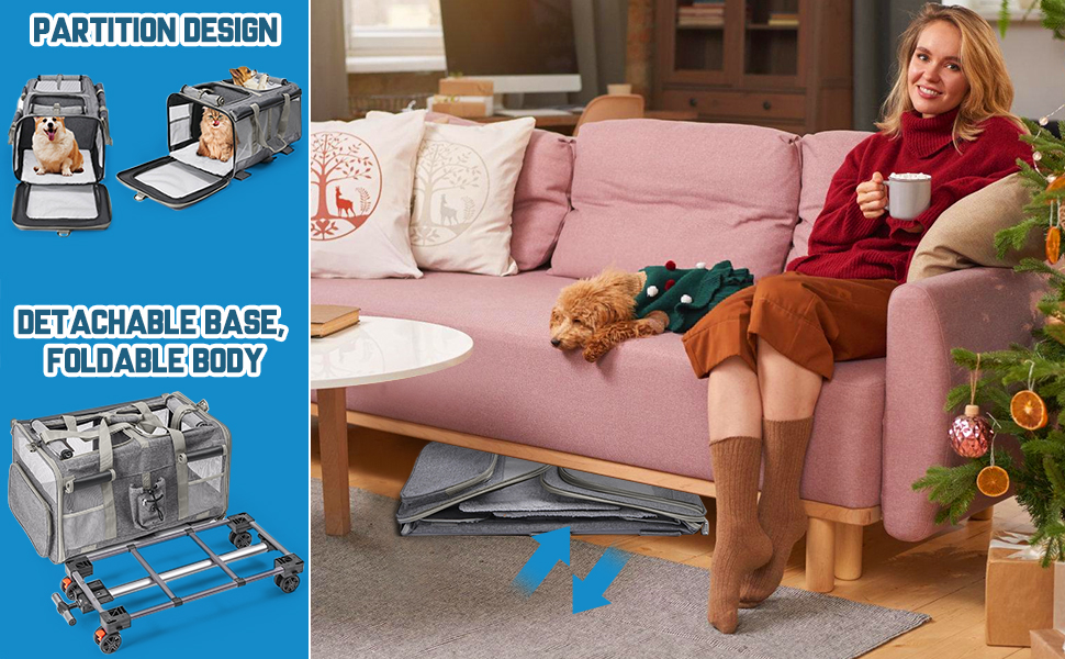 Переноска для котів велика, для 2 котів, складна, на колесах, знімні відділи, з іграшкою-пір'ям та ремінком, бежева