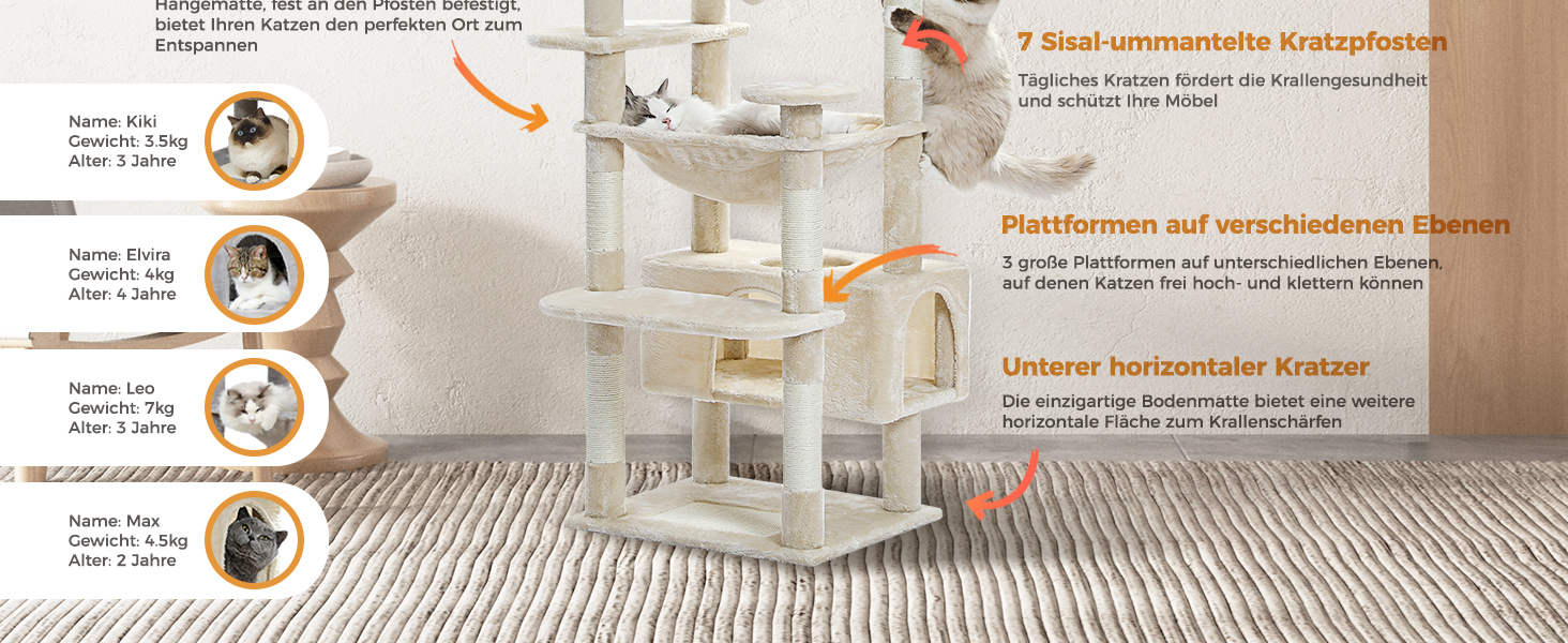 PAWZ Road Дряпка для котів велика, 184 см, 7 стовпів сизалю, гніздо, кошик, для дому, бежевий