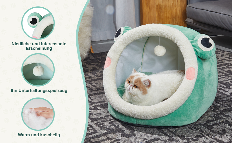 Кішечка-печера Jiupety для котів, ліжко-печера для котів, велика (45x43x37 см), будиночок для котів з неслизьким дном, кошик для котів з знімним, машинним пранням, зелений, великий, зелений жаб
