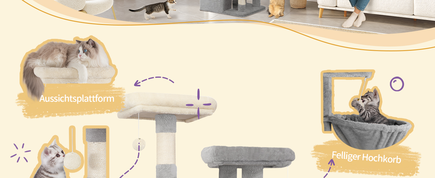 Великий котячий будиночок-кліматизатор, 193 см, XXL, 7 стовпчиків для дряпання, 3 будиночки, 2 платформи, 2 іграшкові кульки, кошик, мотузка для лазіння, багатоповерховий, сірий, MS19218LG