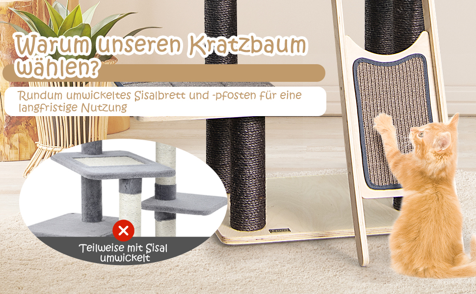 Дерев'яний котячий комплекс COSTWAY, 175 см, з будиночком, сизалевими стовпчиками, платформами та дряпалкою, 6-ярусний, сірий+бежевий