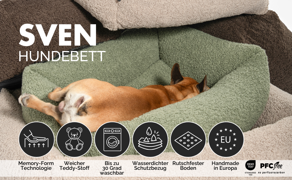 PAW WOW Sven: Ортопедичне ліжко для собак | З м'якої тканини-тедді | Для маленьких, середніх та великих собак (Оливковий, 80x60 см)