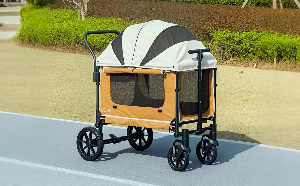 PawHut 2 в 1 візок для собак та котів, складна конструкція, до 30 кг, з подушкою, сітковими віконцями, 2 дверцятами, кишенькою для зберігання, колір коричневий