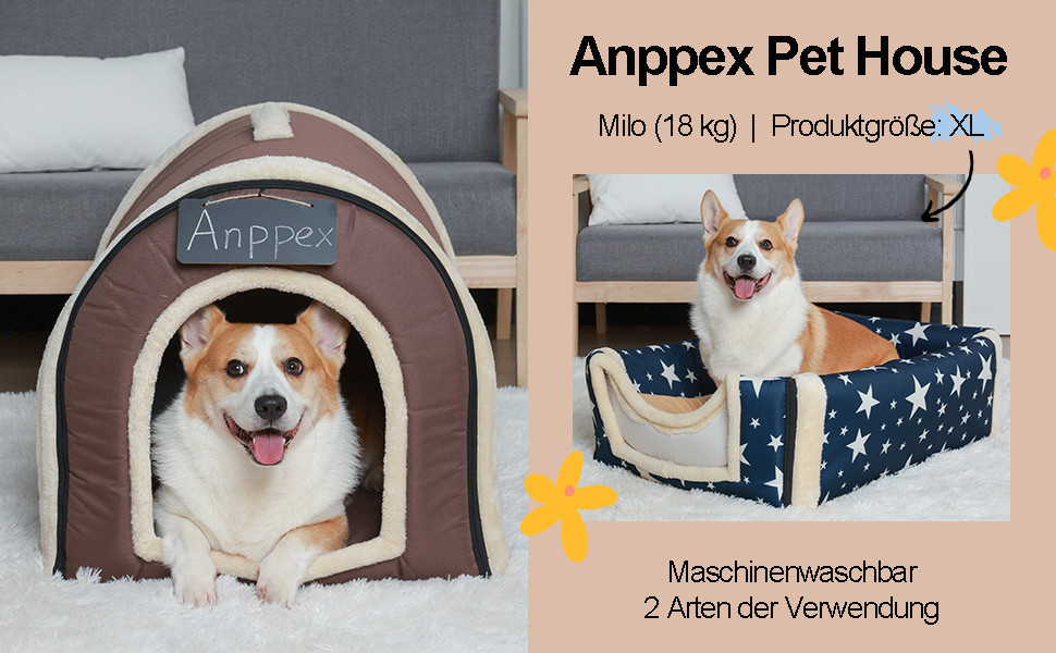 Теплий будиночок для собак і котів ANPPEX, закритий, м'яке ліжко 2-в-1, розмір M, для котів і цуценят, знімний чохол, праний, коричневий