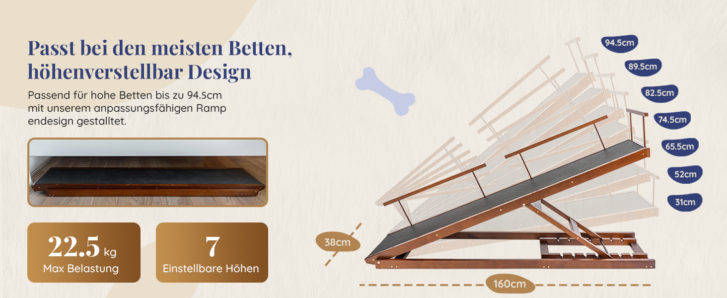 Сходинки для собак PRIORPET з берези з захисним бар'єром - регульована висота до 94.5 см - складаються - антиковзке покриття - для собак до 23 кг - колір: горіх