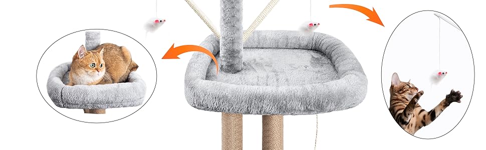 Котячий комплекс HOMIDEC 145 см, дряпка та ігровий будиночок, світло-сірий, із сизалевими стовпами, платформами, лежаком і іграшками