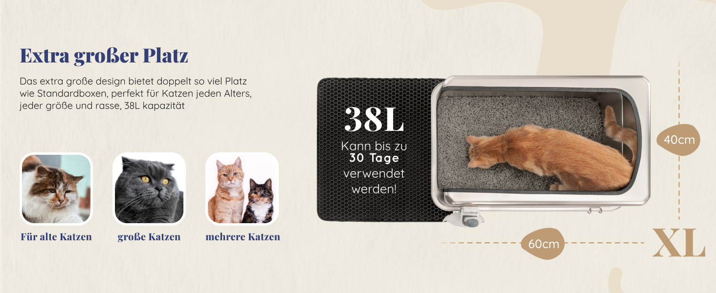 Набір для туалету кота з нержавіючої сталі XXL: легкий у чищенні, антибактеріальний, з високим бортиком, об'єм 38л, антивитікання та антипригарне покриття, з лопаткою та килимком