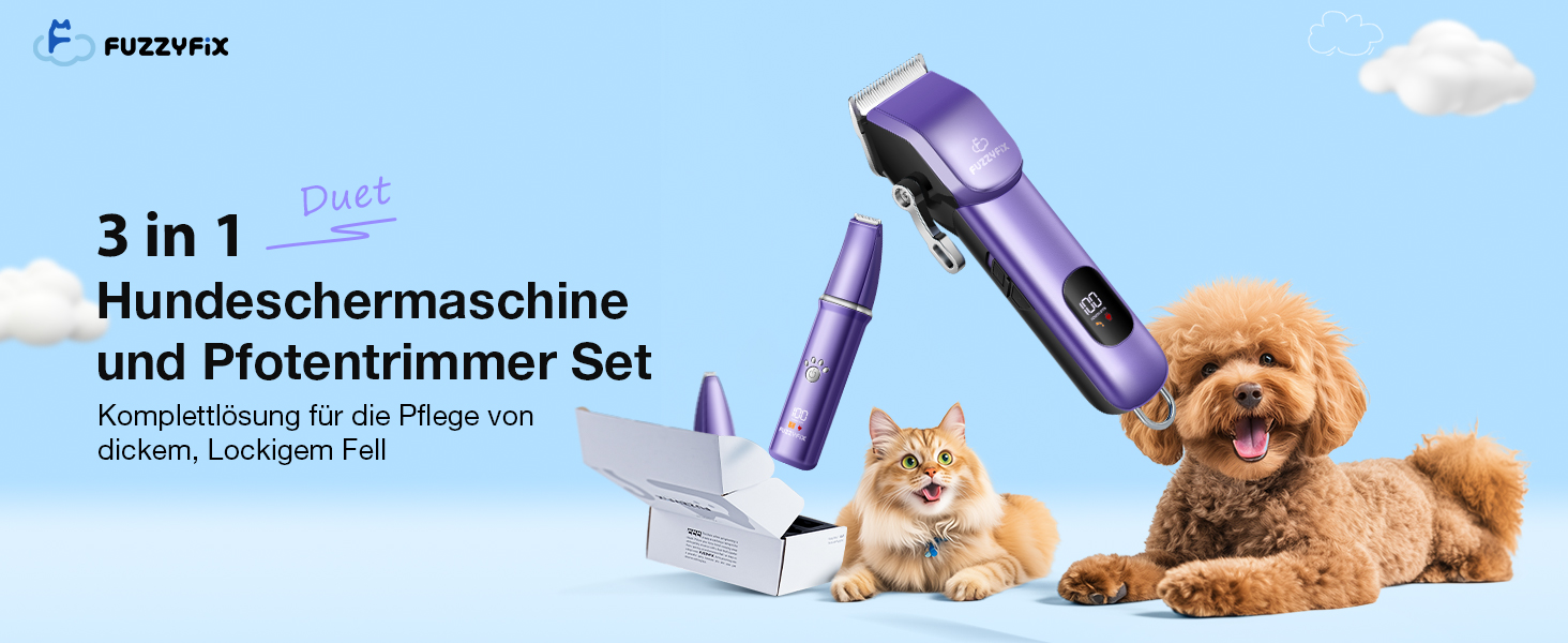 Набір для стрижки собак 3 в 1: машинка, тример для лап, для густого шерсті, тиха робота, фіолетовий