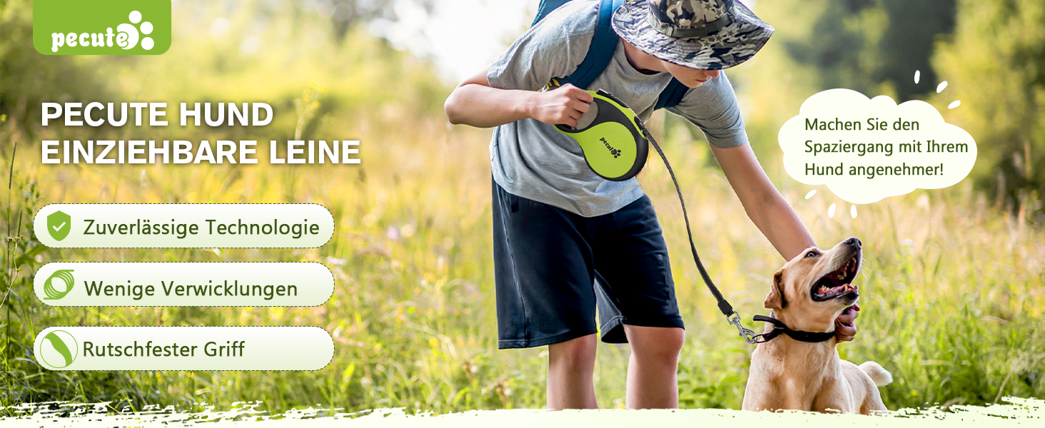 Рулетка для собак Pecute 8м, 50 кг, зелена - безперешкодна, з антиковзним грифом