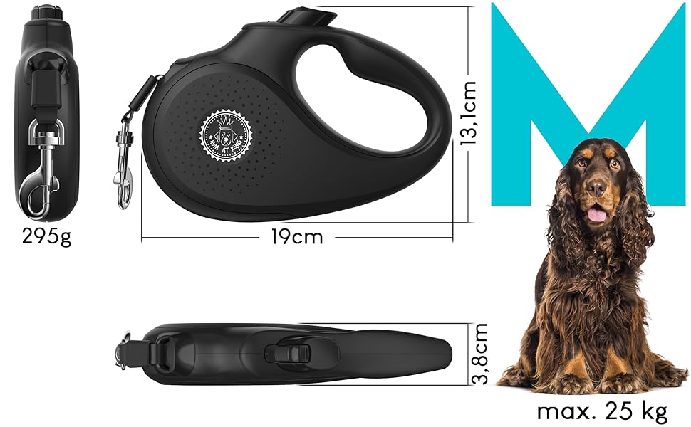 Витяжна повід для собак HUND IST KÖNIG 8м, до 50кг, чорний | Міцний поводок для малих та великих собак | Зручний ручка