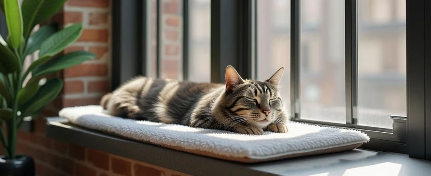 PiuPet Клітка-ліжко для котів на підвіконня 90x25 см | Нековзне ліжко для котів на підвіконня | М'яка, самонагріваюча ковдра для котів | Бежевий