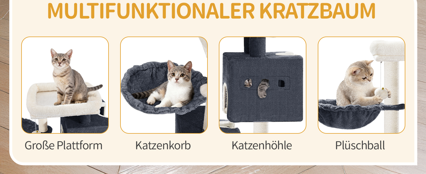 Дерево для котів Hzuaneri, 75 см, зі стійкою конструкцією, великою лежанкою, котячою печеркою, сизалевими стовпчиками, кошиком та іграшками, сірий колір