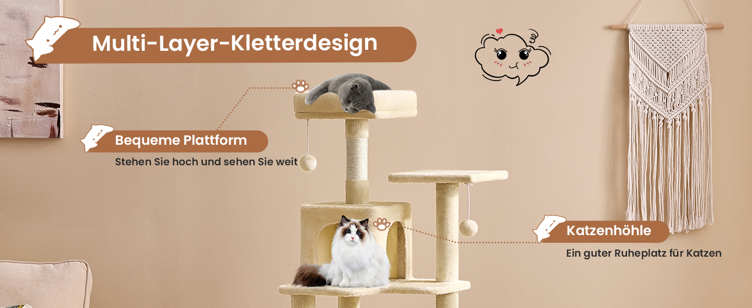 Кігтеточка для котів MSmask велика, багатоярусна, з гамаком та будиночками (150 см, бежева)