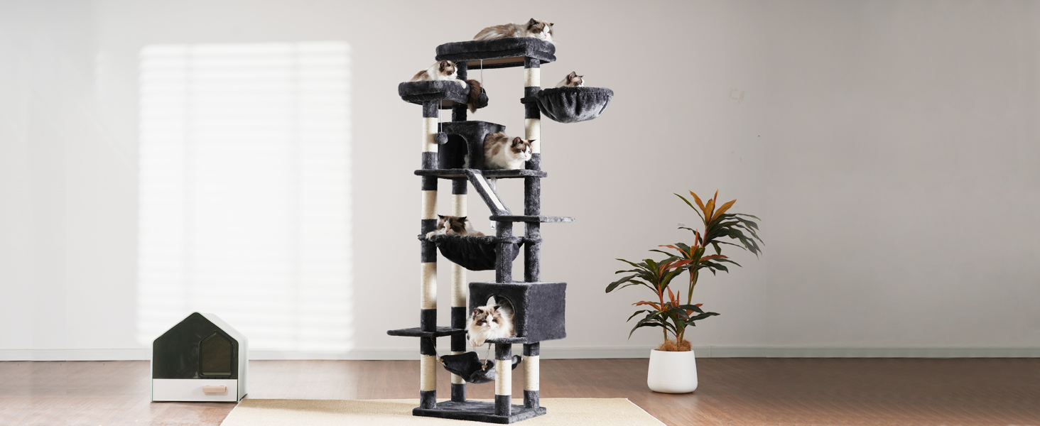 Кігтеточка-вежа для котів Heybly, 180 см, сірий, з 2 платформами, 2 будиночками, 2 гамаками, корзиною та дряпалкою HCT034G